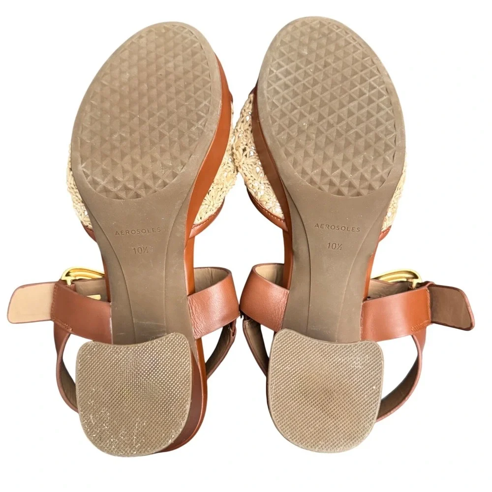 Aerosoles Chamber Raffia Platform Block Heel Sandals Natural Cognac Women's 10.5
